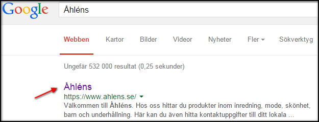 Titel för sökningen Åhléns i Google