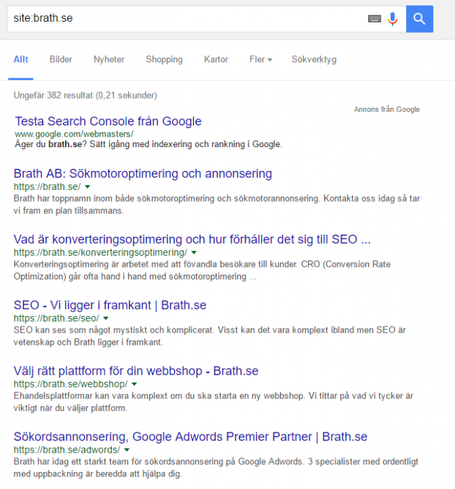 Site-sökning i Googles sökmotor