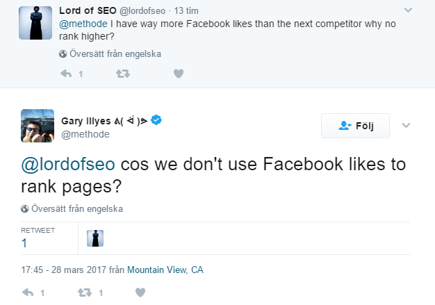 Gary Illyes tydlig: Google använder inte Facebook-likes