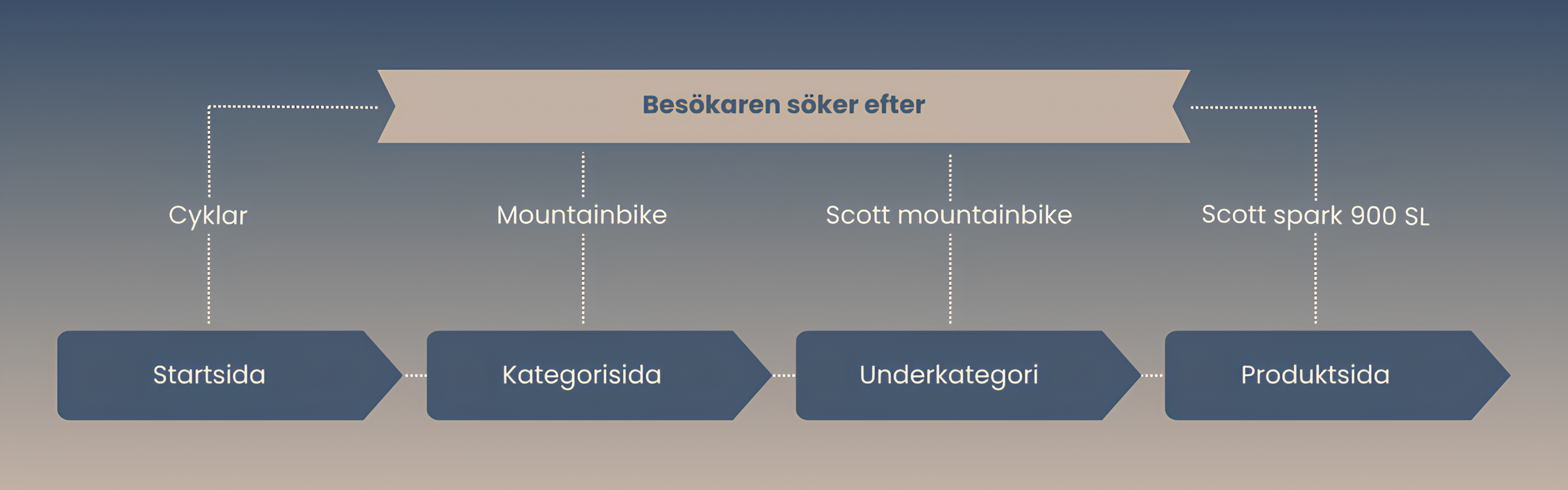 Bild som specificerar vilka sidor man hamnar på vid olika sökningar på en cykelbutik