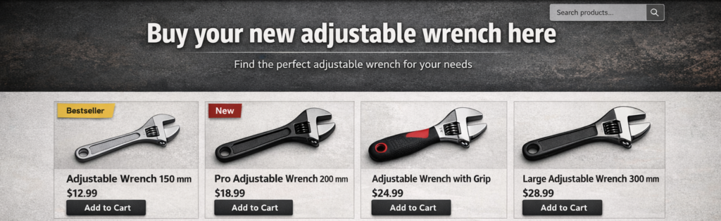 mockup showing a main headline on a site selling wrenches