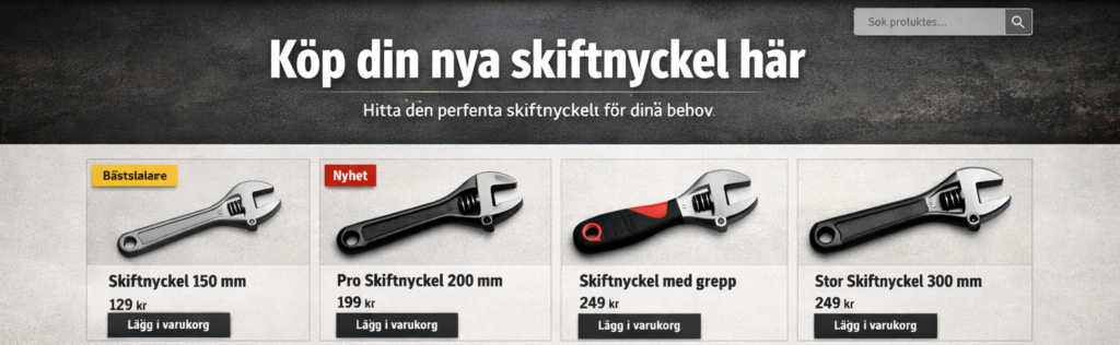 Mockup som visar en huvudrubrik på en ehandel som säljer skifynycklar