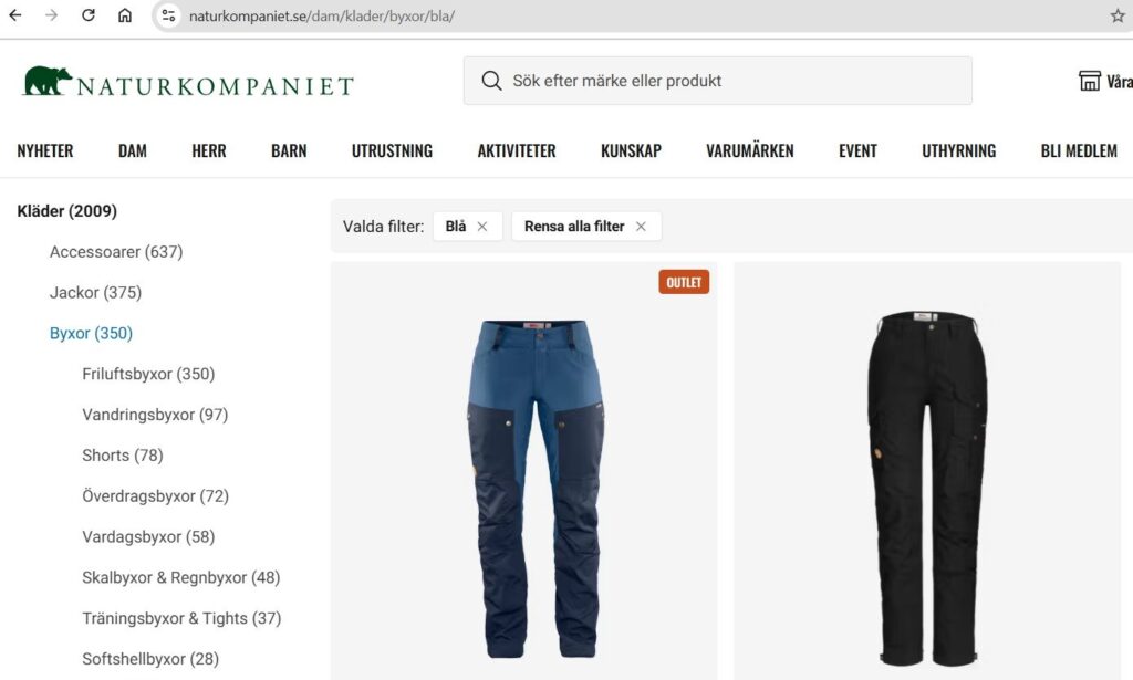 En bild som visar byxor på Naturkompaniets sajt